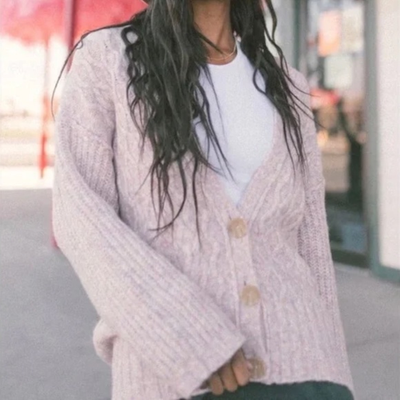 Free People Molly Cable Knit Cardigan Pink Angel Food Cake Women's Small - Picture 13 of 16